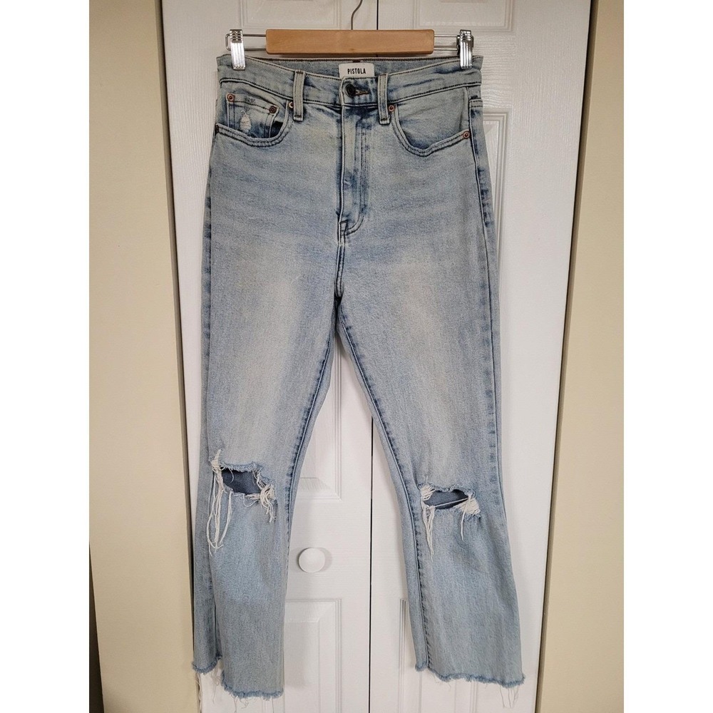 PISTOLA Denim Jeans Light Wash Distressed Too Kool Ripped Raw Hem 30$ EA Size 27
